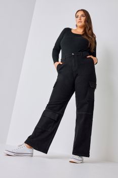 Yours Pantalón Ancho Negro Cargo, Mujer Curvy Y Tallas Grandes, Yours