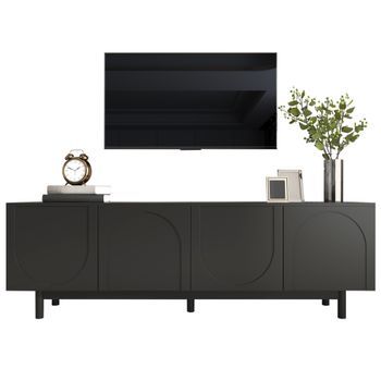 Mueble Para Tv Negro Moderno, 175 Cm De Largo, 4 Puertas A Presión, Madera Mdf, Negro