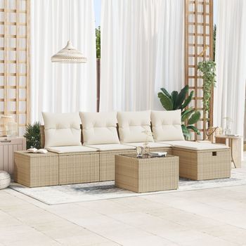 Juego De Sofá De Jardín De 6 Piezas Con Cojines Beige Poliratán V8211 Unico / Beige