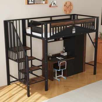 Cama Loft Metálica Para Niños 90x200 Cm, Barrera De Seguridad Ventana, Escalera Incluida, Espacio De Almacenamiento Debajo, Negro