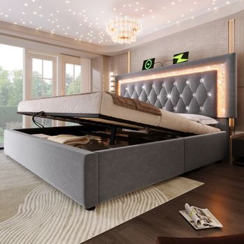 Cama De 140x200 Cm Con Iluminación Led Controlable Por App Y Modo Musical, Cabecero Con Puerto Usb Tipo C, Sistema De Almacenamiento Hidráulico, Gris