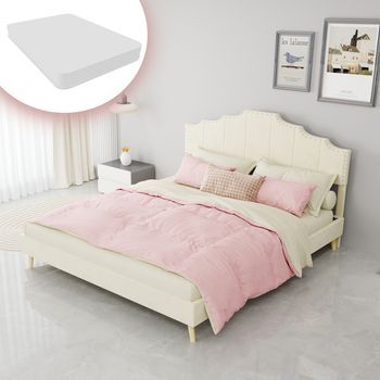 Cama Doble Tapizada Con Baúl De Almacenamiento Bajo, Cabecera Acolchada, Colchón Incluido, 160x200 Cm, Beige