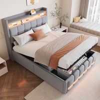 cama de 140 x 200 cm con cabecero y espacio de almacenaje - tejido de lino - puerto usb y led - somier de laminas - gris claro sin colchon