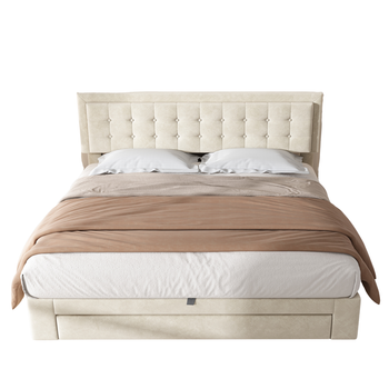 Cama Doble De 160 X 200 Cm - Cama Para Adultos Con Cómoda Y Cajones - Terciopelo - Beige