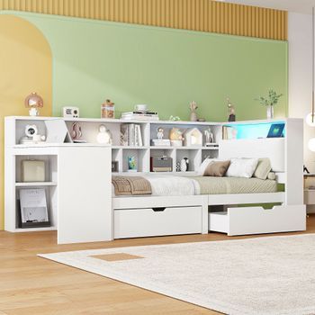 Cama Esquinera Con Escritorio Integrado, 90 X 200 Cm, Almacenaje Y Led, Blanca