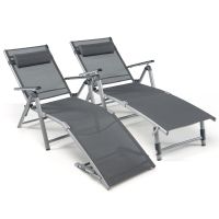 costway tumbona de aluminio 2 unidades plegable reclinable con almohada tela teslin para patio playa 1405 x 65 x 94 cm gris