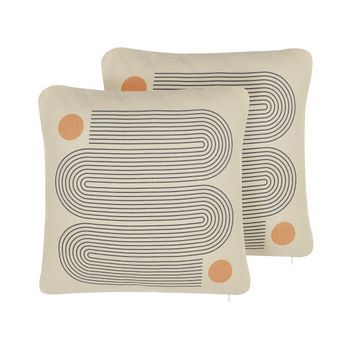 Conjunto De 2 Cojines De Poliéster Algodón Mezcla Beige Gris Patrón Geométrico Suave 45 X 45 Cm Accesorio Decorativo Calibrachoa