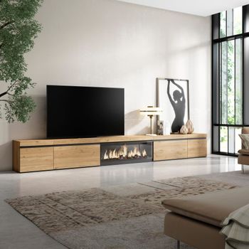 Mueble tv efecto madera roble 368x35x45cm chimenea efecto fuego