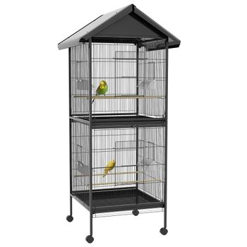 PawHut Jaula para Pájaros 2 en 1 Grande de 2 Pisos Convertible en Sola Jaula con Ruedas Comederos 4 Perchas 78x75x168 cm Negro   Aosom España