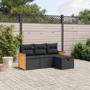 Conjunto De Sofás Jardín 4 Uds | Mueble Jardin Mesa Y Sillas Con Cojines Ratán Sintético Negro Cfw273539