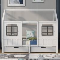 cama cabana infantil individual con 2 cajones de almacenamiento blanca de pino y mdf 200x90 cm