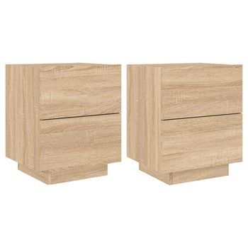 Pack 2 Uds Mesitas De Noche | Mesa Auxiliar | Mesilla Luces Led Madera Ingeniería Roble Sonoma