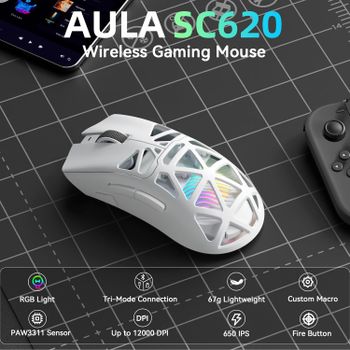 AULA SC620 Nuevo Mouse para Juegos con Cable/Bluetooth/2.4G PAW3311 Ligero Ajustable 12,000 DPI Batería de Larga Duración PC E-Sports Gamer