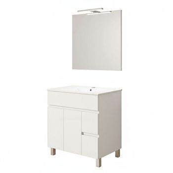 Kibath Mueble De Baño Con Lavabo, Espejo Y Aplique Led Urban 80x45 Cm Acabado Blanco Brillo 2 Cajones Y 2 Puertas