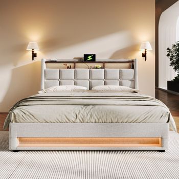 Cama Tapizada Doble De Lino Con Somier De Lamas Metálicas, Iluminación Led, Puerto Usb, 180x200 Cm, Para Adolescentes
