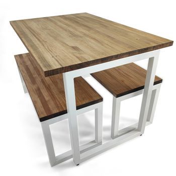 Conjunto Mesa Y Bancos Icub Strong Blanco 120x80cm En Madera Maciza De Pino Acabado Vintage Estilo Industrial Box Furniture