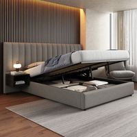 cama tapizada hidraulica doble 160x200 cm con dos mesas de noche y almacenamiento somier de listones de madera lino gris y negro