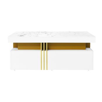 Mesa De Centro Con 2 Cajones - Tablero Estampado De Mármol - Estilo Escandinavo - Blanco