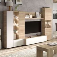 mueble de salon modular compuesto por un modulo de mueble tv bajo de una puerta dos vitrinas de tres puertas y luces led con balda central color roble con inserciones en blanco brillo 260 x185 x 42 cm