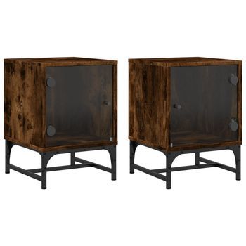 Pack 2 Uds Mesitas Noche | Mesa Auxiliar | Mesilla Puertas De Vidrio Roble Ahumado 35x37x50 Cm