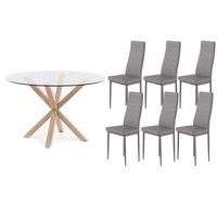 pack mesa redonda de cristal templado  6 sillas polipielmetal gris 120x75 cm