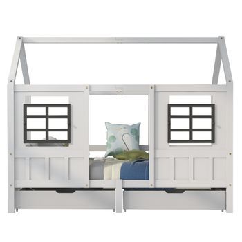 Cama Casita Infantil 90x200 Blanca Con 2 Cajones Y Ventanas, Cama Individual De Madera Pino Y Mdf