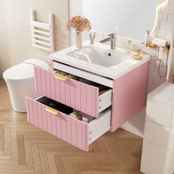 Mueble De Baño Suspendido Con Lavabo, 60,5 Cm, Rosa Y Blanco, 2 Cajones
