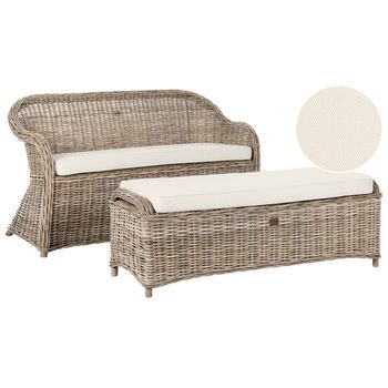 Banco Boho 150 Cm Con Otomana Para Jardín Interior Y Exterior Ratán Cojines De Tela Blanco Crema Natural Susua