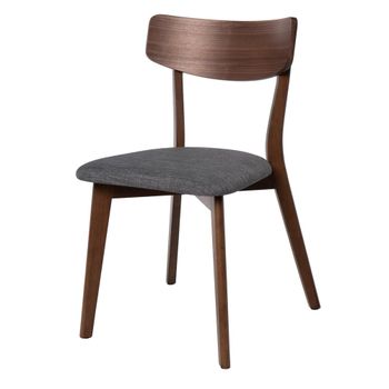 Silla de madera de nogal con asiento tapizado gris oscuro.
