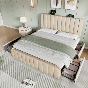 Cama Tapizada Doble 140x200 Cm Lino Beige Rayas Doradas Usb 4 Cajones 181 Kg