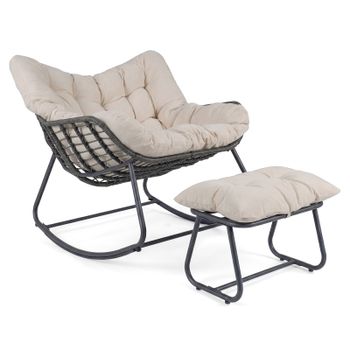 Costway Silla Mecedora con Reposapiés de Ratán PE Cojines Extraíbles Estructura Metálica Antideslizante Carga 150kg para Salón Balcón Beige