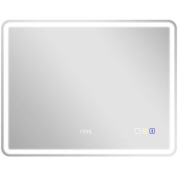 HOMCOM Espejo de Baño con Iluminación LED, Almohadilla Antivaho, 3 Colores Ajustables, Reloj, 700x900 mm, Color Plata