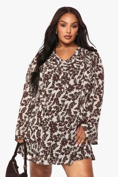 Plus Floral Ruffle Tie Front Shift Dress, Brown