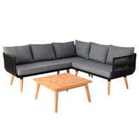 mobiliario de jardin estructura sofa y mesa en madera de acacia y acero cojines gris oscuro cuerda de malla 040008319