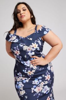 Yours London Vestido Azul Marino De Flores Escote Bardot, Mujer Curvy Y Tallas Grandes, Yours London