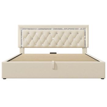Cama De Terciopelo Beige 140 X 200 Cm Con Cabecero Efecto Diamante, Led, Usb, Usb-c Y Almacenaje Hidráulico