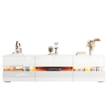 Mueble Tv Blanco Brillo De 160 Cm Con Led, 2 Puertas Y 1 Cajón
