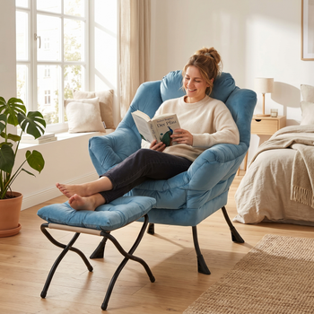 Sillón Con Reposapiés - Mueble Para Salón - Tejido Y Metal - Azul (72x80x93cm)