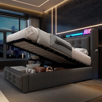Cama Tapizada Individual 90x200 Con Cabecera Led, Carga Usb-c, Somier De Lamas, Cofre Hidráulico, Marco De Madera/metal, Gris, 150kg