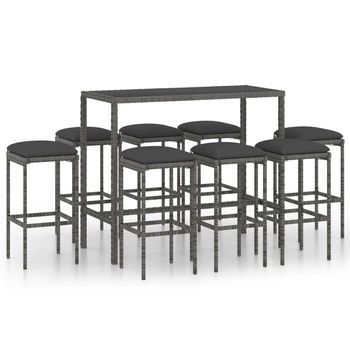 Set Muebles Bar Jardín 9 Piezas | Mobiliario De Jardín Y Cojines Ratán Sintético Gris