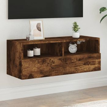 Mueble Tv De Pared | Mueble De Salón | Armario Tv Madera Ingeniería Roble Ahumado 80x30x30 Cm Cfw776837