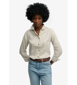 Superdry para mujer. W4010587A Camisa Premium Slim beige (L), Casual, Lino, Manga larga