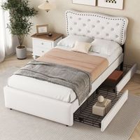 cama individual de 90x200 cm tapizada en beige claro con cabecero ajustable y dos cajones