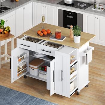 Carrito De Cocina Con Plataforma Abatible Y Organizador Extraíble De 3 Niveles, Color Blanco.