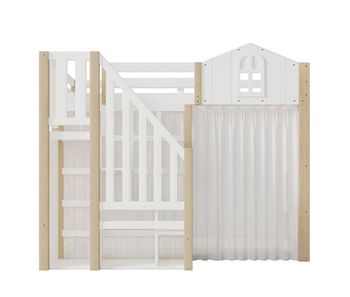 Cama alta 90x200 cm - led, diseño con ventana, escalera con estantes y compartimento abierto, sin colchón - blanco y natural
