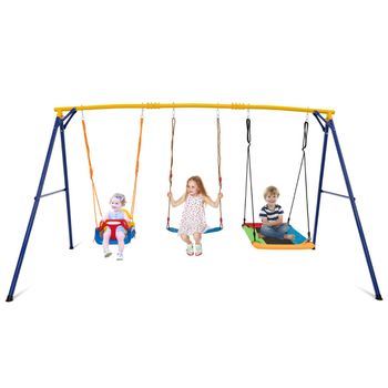 Costway Juego de Columpios Carga 300 kg Estructura de Metal de Carbono con Cinturón Plataforma Asiento de Columpio y Cuerdas Ajustables Amarillo