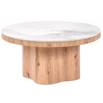 Mesa De Centro Tablero De Cerámica Efecto Mármol Base De Pedestal Estilo Moderno De Mediados De Siglo Marrón Claro Maltby