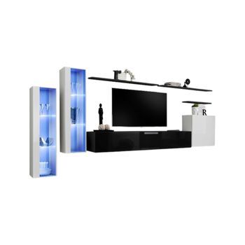 Conjunto De Muebles De Salón Mural Switch Xi De Diseño, Color Blanco Y Negro Brillante.