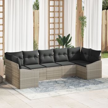 Conjunto De Sofá De Jardín De 7 Piezas Con Cojines Gris Claro Ratán Sintético V4588 Unico / Beige