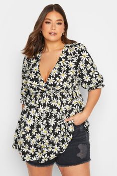 Yours Top Negro Cruzado De Margaritas, Mujer Curvy Y Tallas Grandes, Yours